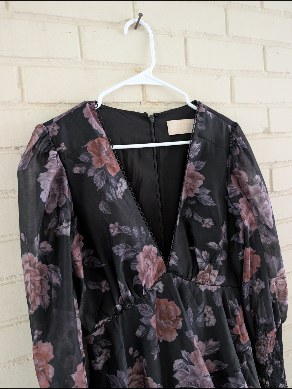 Keepsake M Oblivion Floral Tiered V-Neck Mini Dress Black with Mauve Roses - Picture 2 of 8